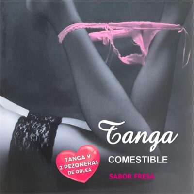 Lencería comestible de fresa, pack completo. Tanga de oblea y pezoneras con sabor a fresa.