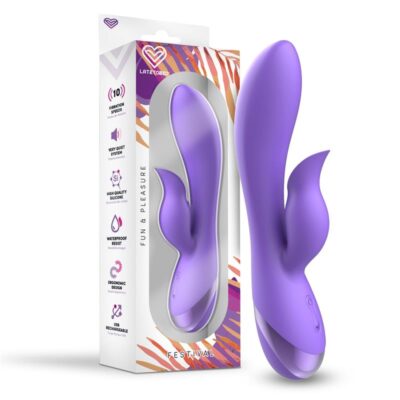 Vibrador recargable silencioso clítoris púrpura con USB, mostrando su diseño ergonómico en silicona premium.