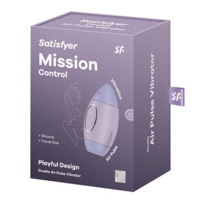 Empaque del Satisfyer Mission Control Violet Succionador, vista frontal, color violeta.
