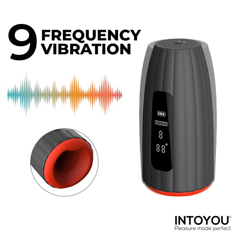 Masturbador masculino avanzado Karter Intoyou junto a un diagrama de sus 9 patrones de vibración.