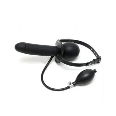 BDSM mordaza inflable con pene en cuero negro