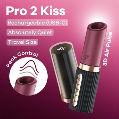 Vibrador Air Pulse Pro 2 Kiss, vista frontal. Diseño de pintalabios con botón LED y tapa.