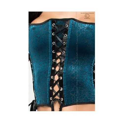 Corset azulado, vista de cerca para enseñar como se cierre con los cordones ajustables en color negro.