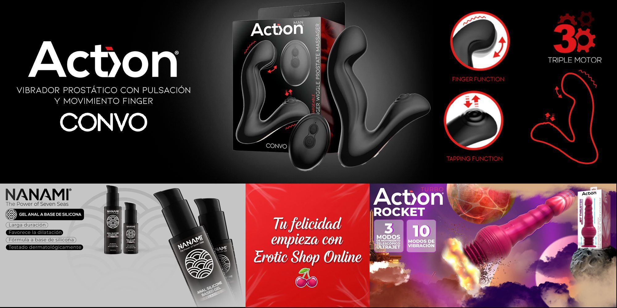 Promocion marca Action prostatico y Nanami lubricante anal Promocion marca Action prostatico con control remoto y el lubricante Nanami anal.